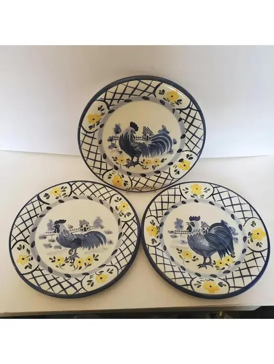 Rooster Dinner Plates Blue White Yellow Flower Spring 10 1/4" Bella Casa By Ganz - Picture 3 of 10
